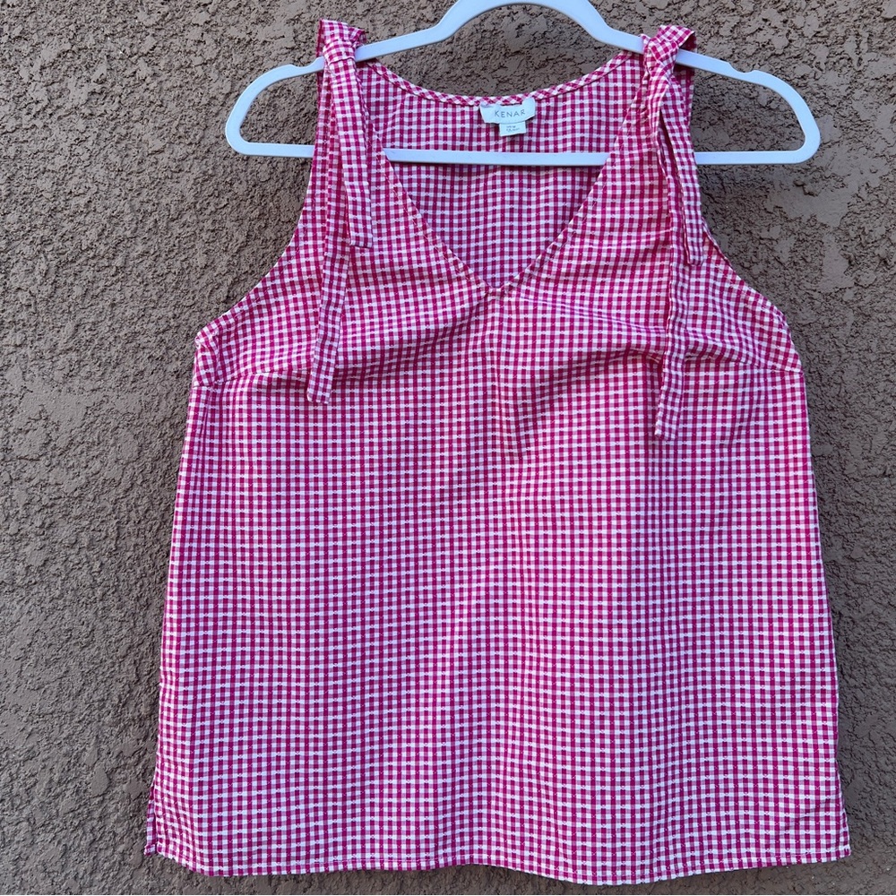 Kenar Womens Shirt Size Medium Sleeveless w Bow Tie Red White Checkered Blouse
